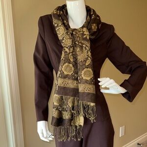 Pashmina Scarf Brown & Gold Boho Paisley Fringe Wrap